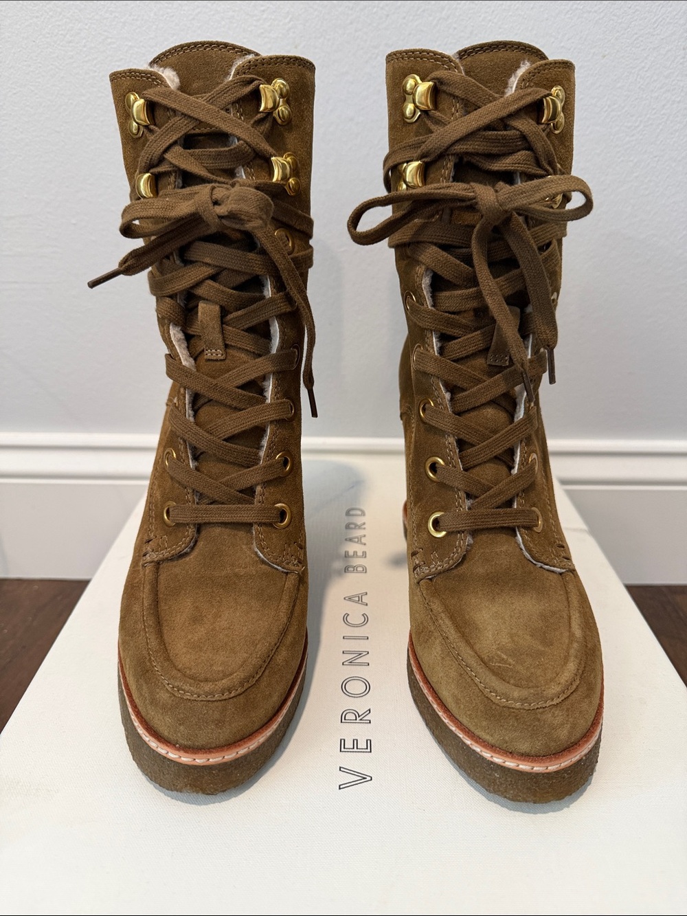 Veronica Beard Chestnut Suede Lace-Up Wedge Boots with Gold Hardware